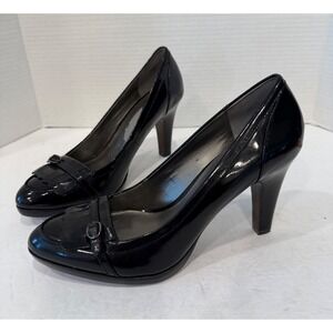 Ann Taylor Loft Black Patent Leather Kiltie Buckle Mid Heel Slip On Pumps 7.5M